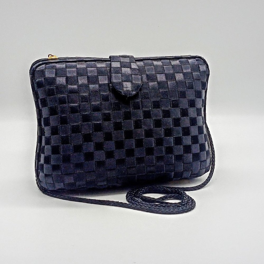 Black Satin Ribbon Woven Hardshell Crossbody Bag